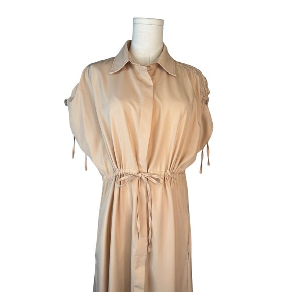 Deli.S Beige Size 8 Button-Down Midi Dress Drawstring Waist & Tie Sleeves - Picture 5 of 16